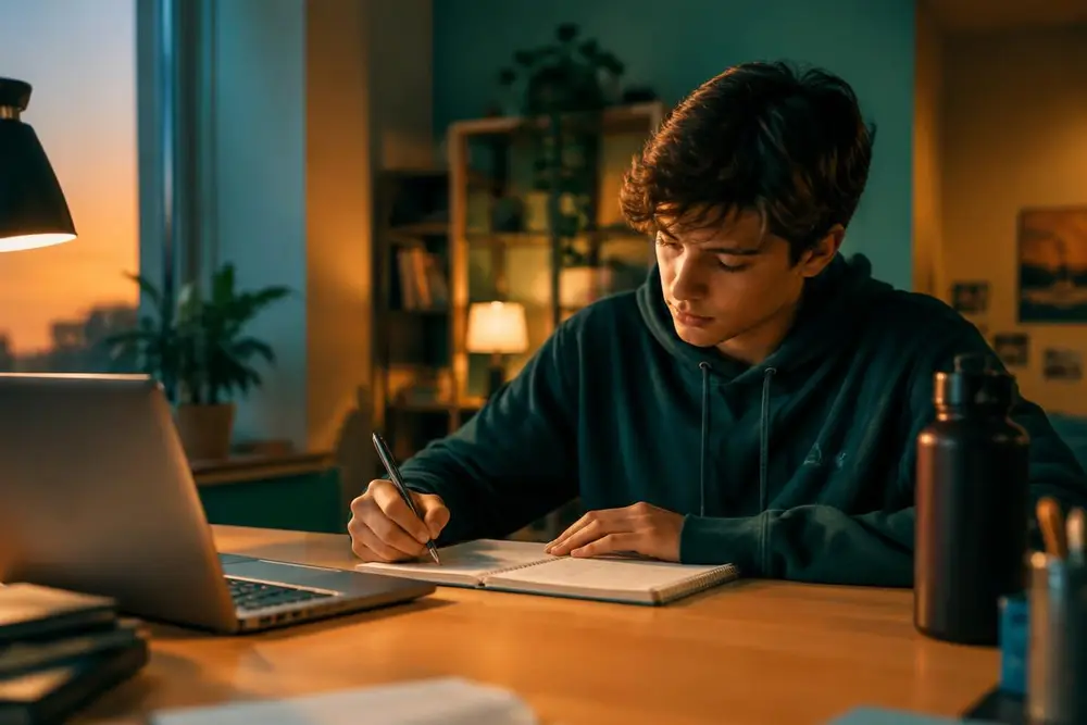 Student studying for the SAT at a desk with a laptop and notebook